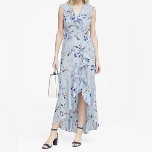 Banana Republic High Low, Sleeveless Midi Dress in Light Blue Floral size 10